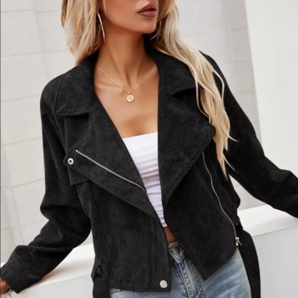 Black Corduroy Moto Biker Zipper Jacket Shacket - Picture 2 of 9